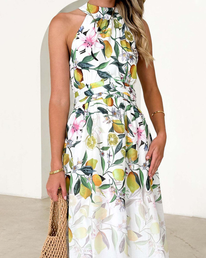 Halter neck printed waist slimming dress