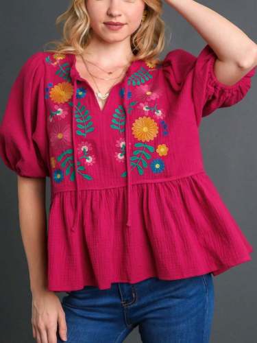 Women's Casual Babydoll Blouse - Romantic Chic Puff Sleeve & Ruffle Hem Lightweight Textured Magenta Pink Loose Fit Round Neck Half Sleeve Top
