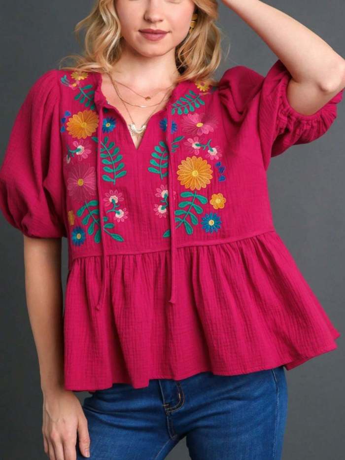 Women's Casual Babydoll Blouse - Romantic Chic Puff Sleeve & Ruffle Hem Lightweight Textured Magenta Pink Loose Fit Round Neck Half Sleeve Top
