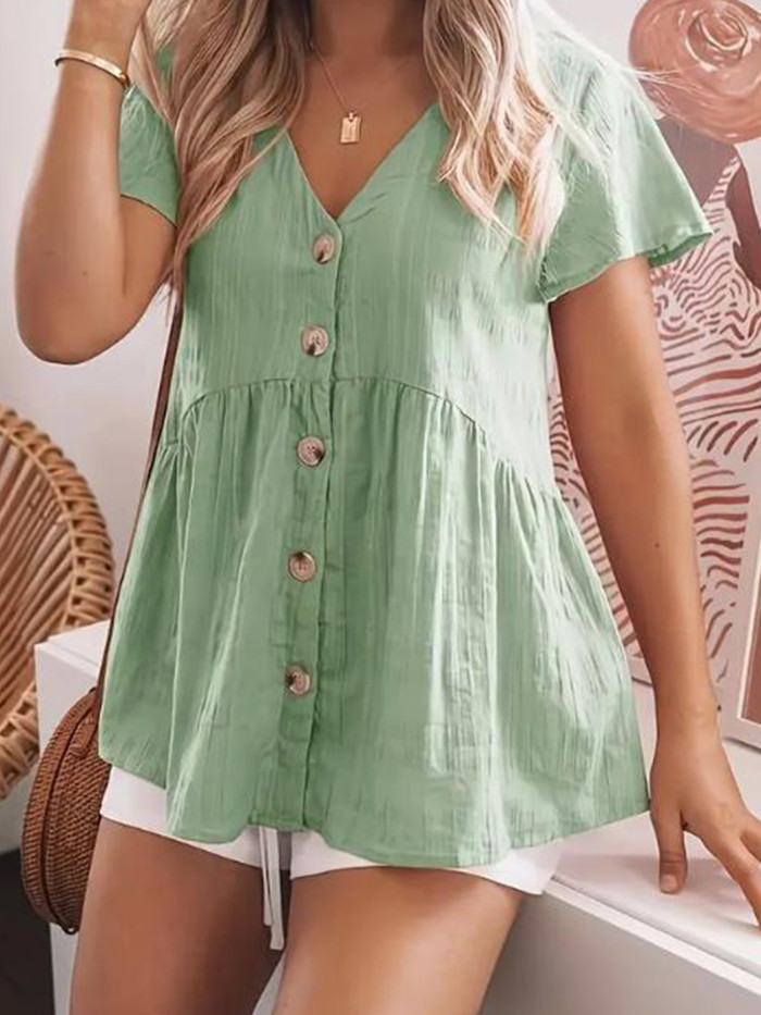 Women's Casual Short Sleeve V-Neck T-Shirt - Loose Fit Summer Top with Stylish Button- Collar, Solid Color, Machine Washable & All-Season Comfort, Ladies T Shirts