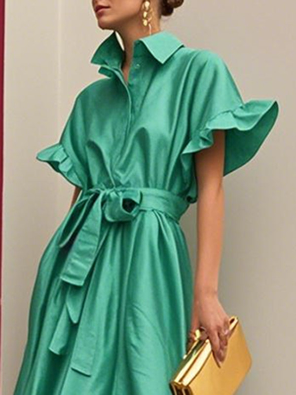 Tied Waist Split-Joint Solid Color Pleated Loose Flared Sleeves Lapel Shirt Dress Maxi Dresses
