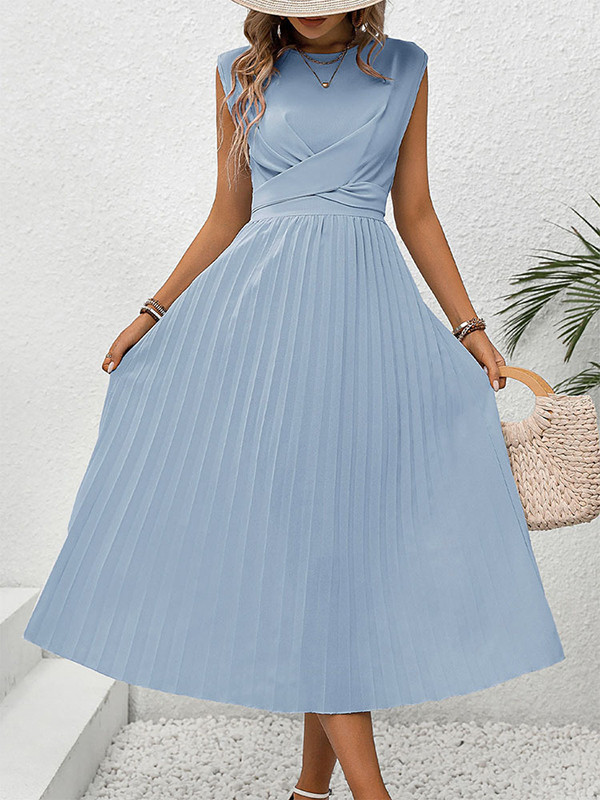 Tied Waist Split-Joint Solid Color Pleated Elasticity Raglan Sleeve Loose Round-neck Midi Dresses
