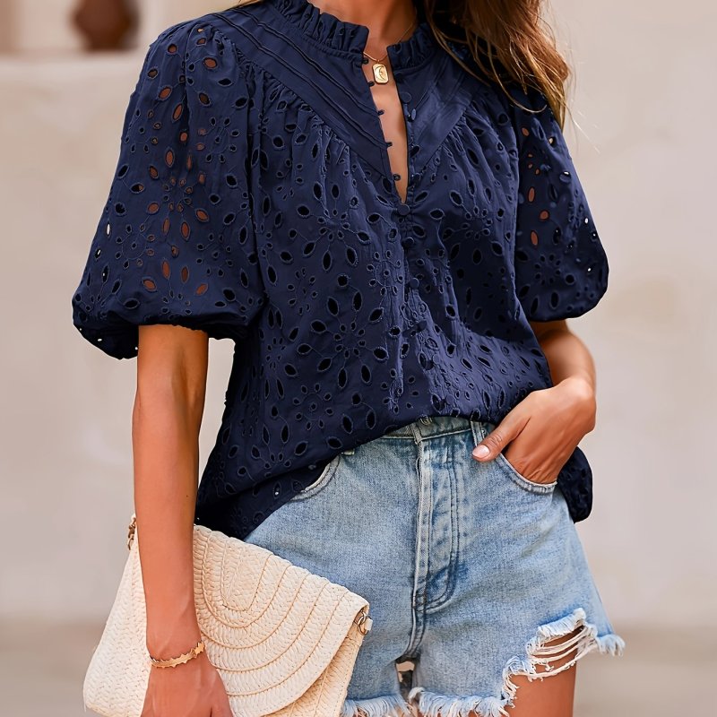 Elegant Blouse Elegant V-Neck Blouse | Women's  Casual Lightweight Button-Front Shirt with Lantern Sleeves & Lace Top
