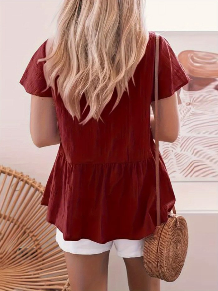 Women's Casual Short Sleeve V-Neck T-Shirt - Loose Fit Summer Top with Stylish Button- Collar, Solid Color, Machine Washable & All-Season Comfort, Ladies T Shirts