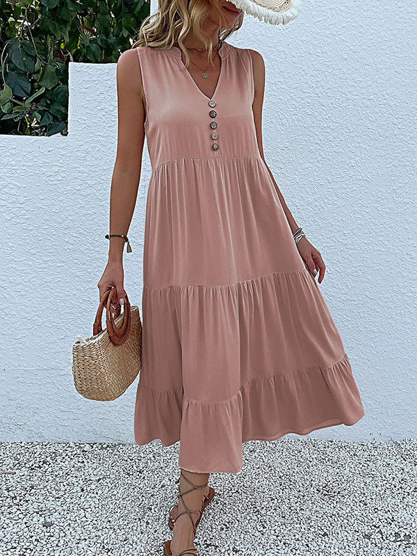 Split-Joint Pleated Sleeveless Loose V-Neck Midi Dresses