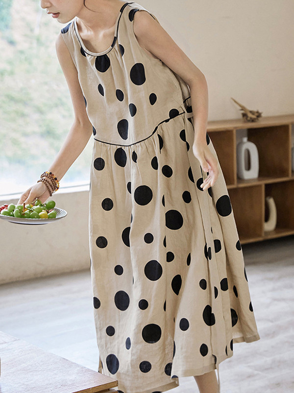Tied Waist Split-Joint Polka-Dot Pleated Contrast Color Sleeveless Loose Round-Neck Midi Dresses