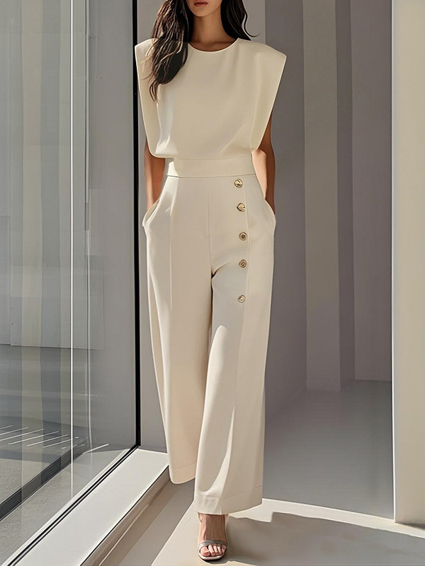 Solid Color Buttoned Loose Cap Sleeve Round-Neck Jumpsuits