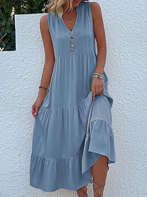 Split-Joint Pleated Sleeveless Loose V-Neck Midi Dresses