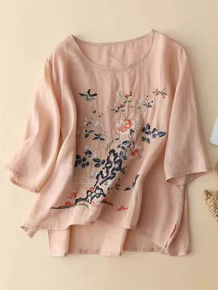Women'S Artistic Heavy Embroidery Loose Shirt with Five-Quarter Sleeves And Round Neck, Doll Top Shirt