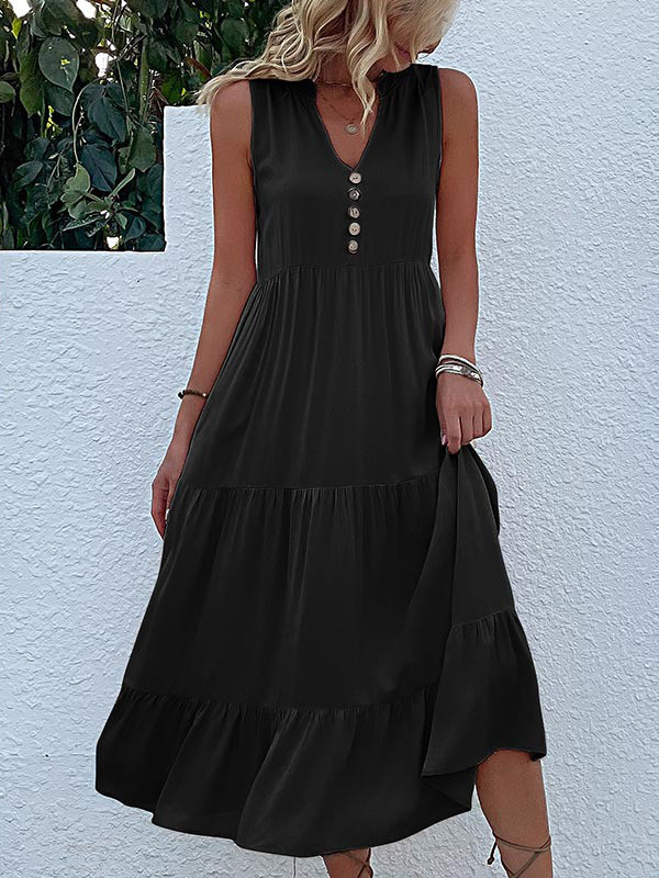 Split-Joint Pleated Sleeveless Loose V-Neck Midi Dresses