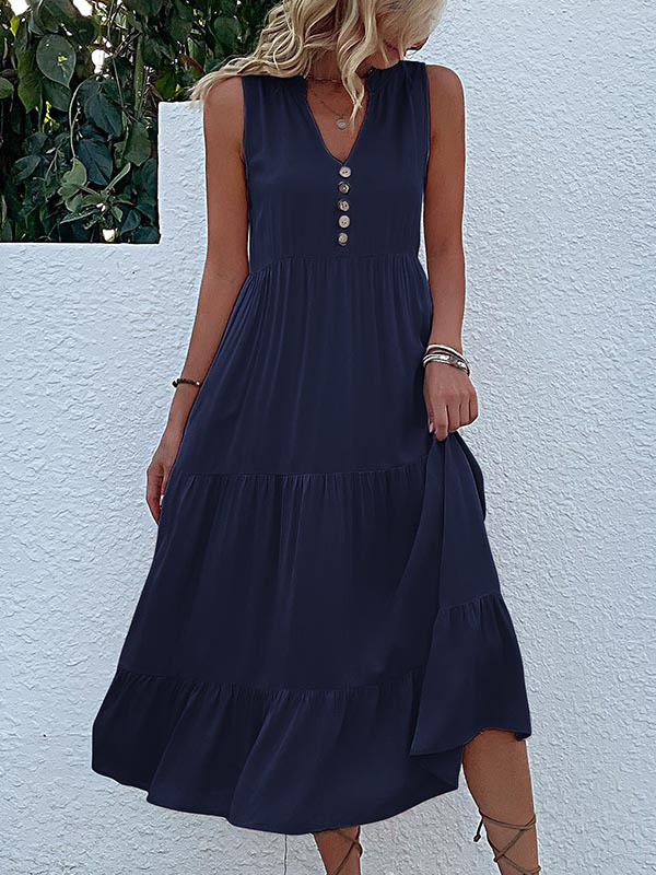 Split-Joint Pleated Sleeveless Loose V-Neck Midi Dresses