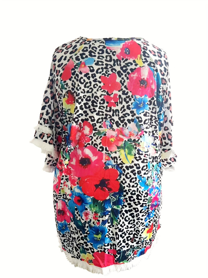 Women'S Plus Size Lace Ruffle Sleeve Round Neck Printed Color Blocked Women'S Loose T-shirt