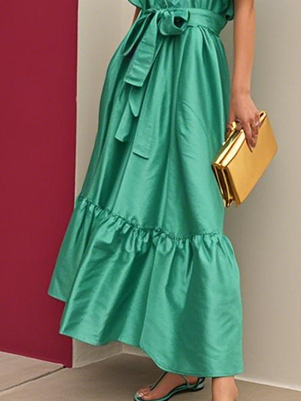 Tied Waist Split-Joint Solid Color Pleated Loose Flared Sleeves Lapel Shirt Dress Maxi Dresses