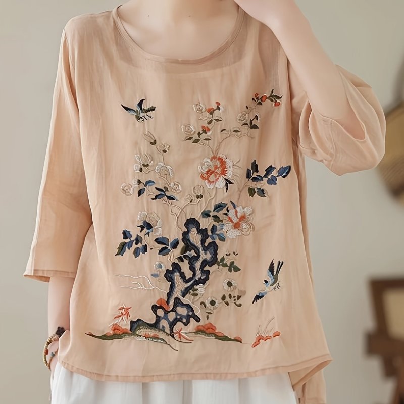 Women'S Artistic Heavy Embroidery Loose Shirt with Five-Quarter Sleeves And Round Neck, Doll Top Shirt