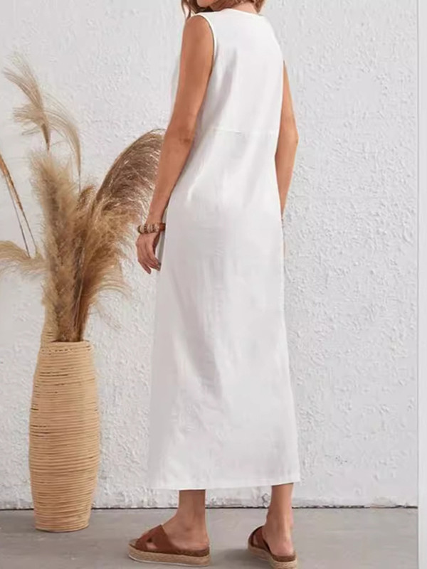 Split-Joint Split-front Buttoned Asymmetric Sleeveless Loose Round-neck Midi Dresses