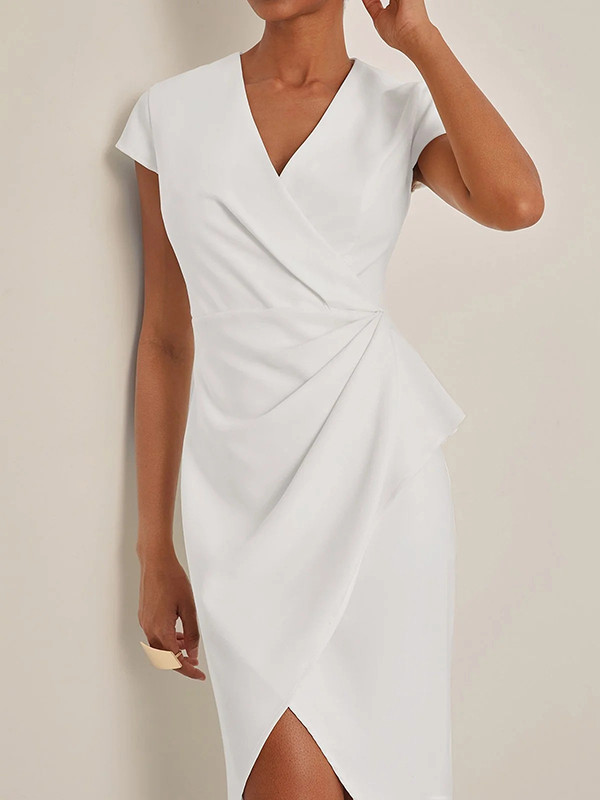 Split-Joint Solid Color Pleated Asymmetric Short Sleeves Loose V-Neck Midi Dresses