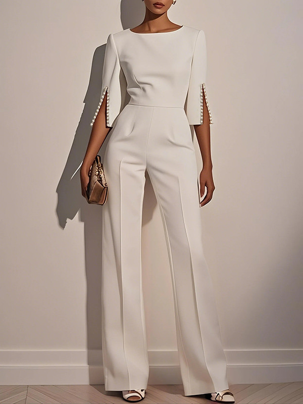 Split-Joint Solid Color Loose Round-neck Jumpsuits