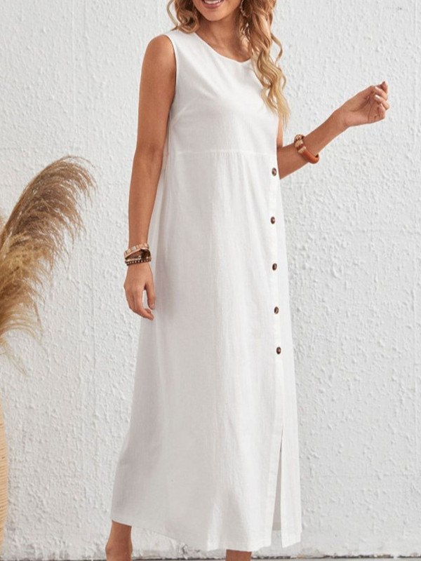 Split-Joint Split-front Buttoned Asymmetric Sleeveless Loose Round-neck Midi Dresses