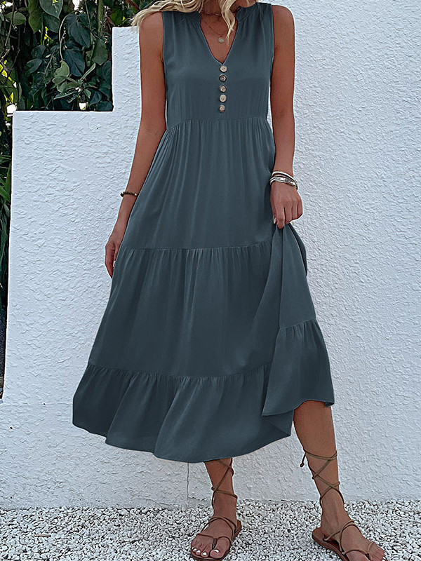 Split-Joint Pleated Sleeveless Loose V-Neck Midi Dresses