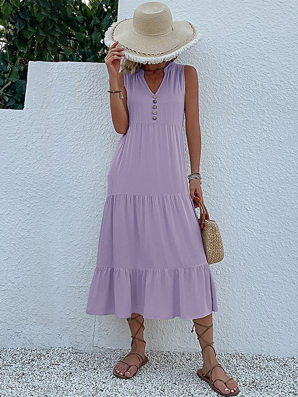Split-Joint Pleated Sleeveless Loose V-Neck Midi Dresses