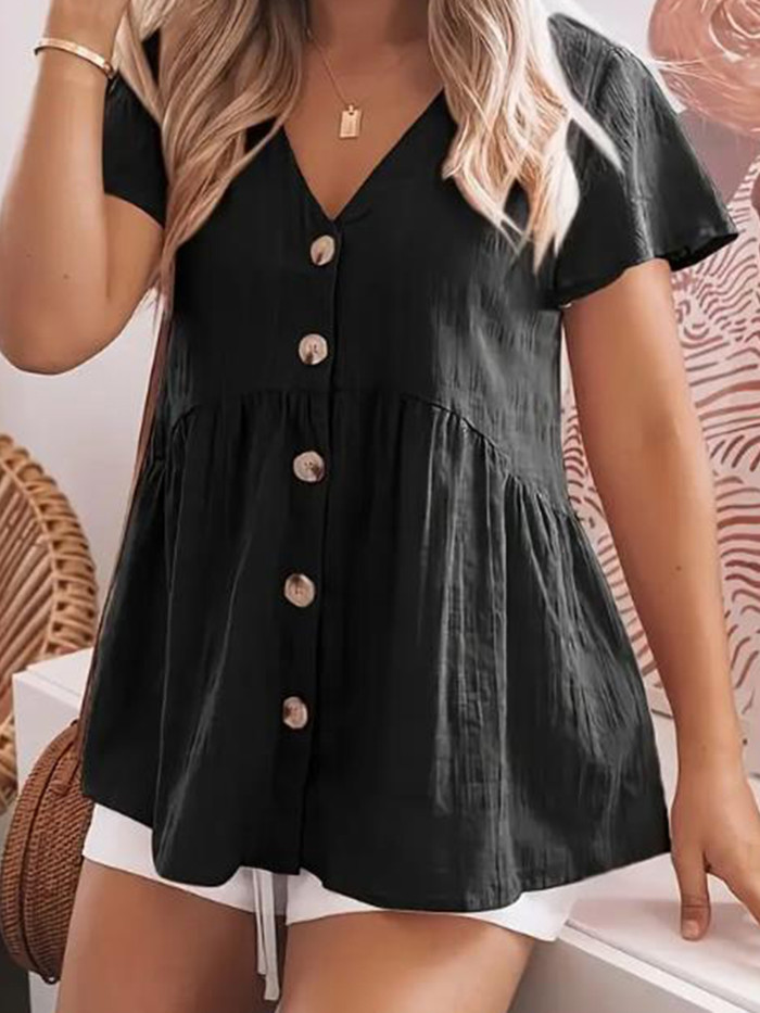 Women's Casual Short Sleeve V-Neck T-Shirt - Loose Fit Summer Top with Stylish Button- Collar, Solid Color, Machine Washable & All-Season Comfort, Ladies T Shirts