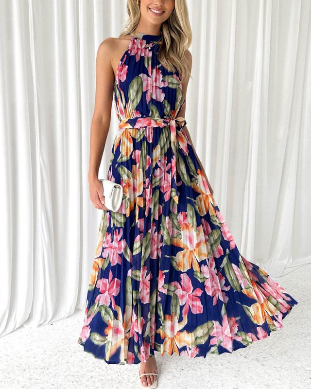 Halter neck sleeveless printed casual holiday dress