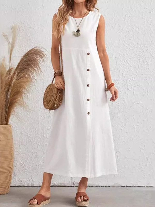 Split-Joint Split-front Buttoned Asymmetric Sleeveless Loose Round-neck Midi Dresses