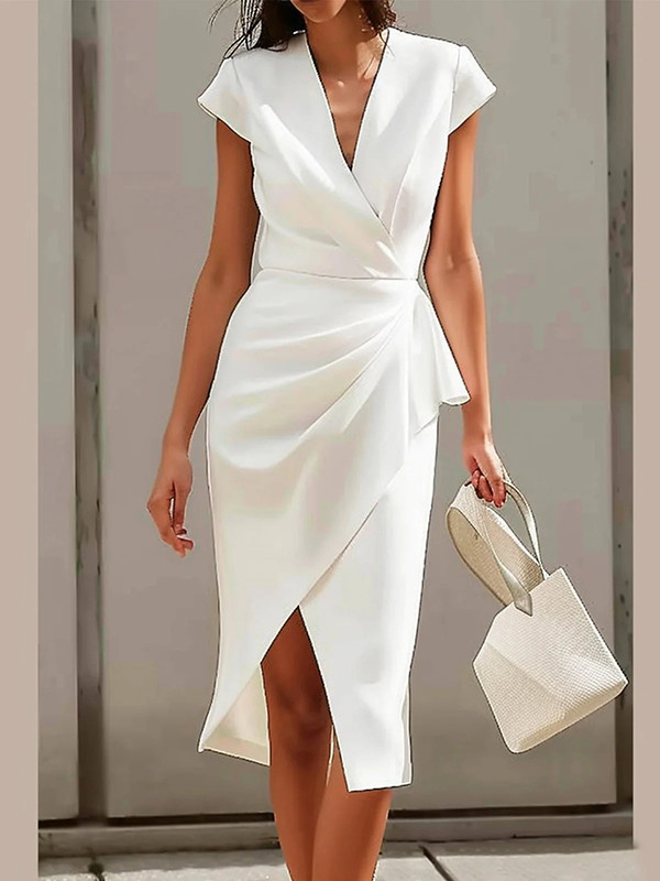 Split-Joint Solid Color Pleated Asymmetric Short Sleeves Loose V-Neck Midi Dresses
