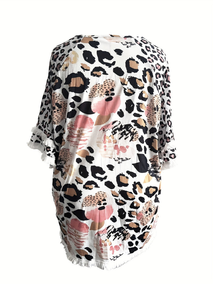 Women'S Plus Size Lace Ruffle Sleeve Round Neck Printed Color Blocked Women'S Loose T-shirt