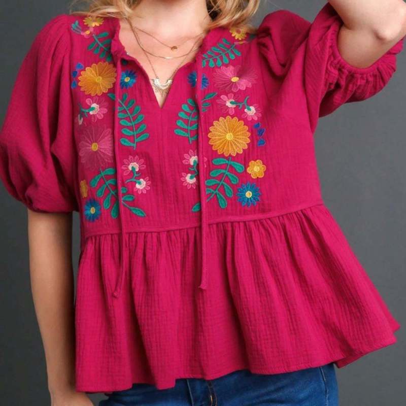 Women's Casual Babydoll Blouse - Romantic Chic Puff Sleeve & Ruffle Hem Lightweight Textured Magenta Pink Loose Fit Round Neck Half Sleeve Top