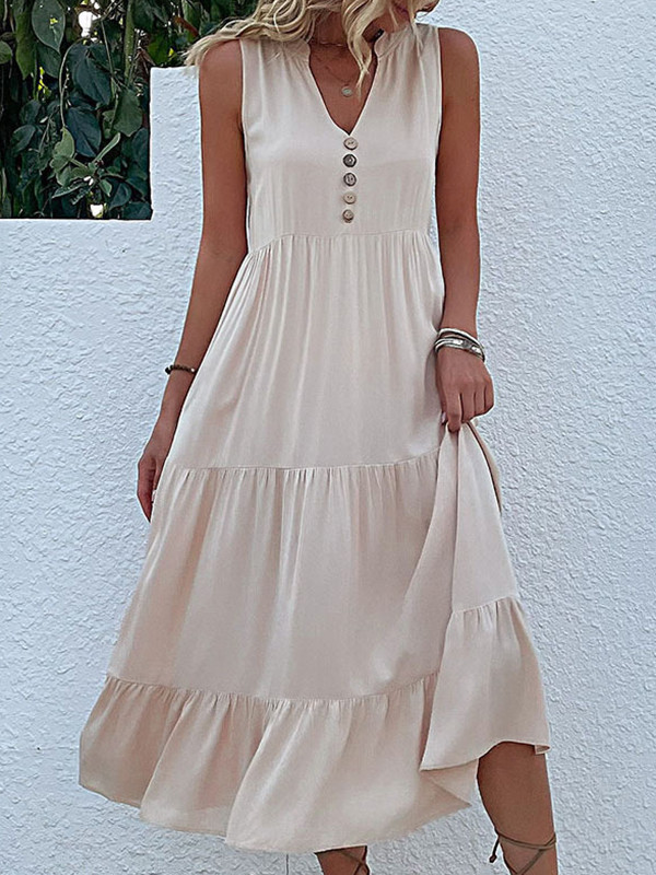 Split-Joint Pleated Sleeveless Loose V-Neck Midi Dresses
