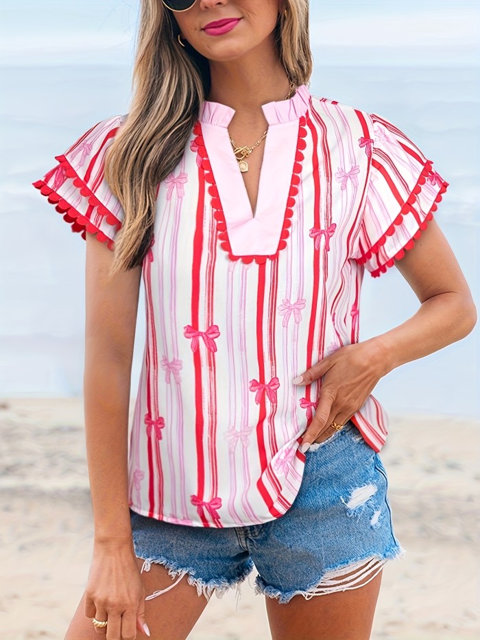 Women'S Elegant Pink & White Striped V-Neck Blouse with Puff Sleeves