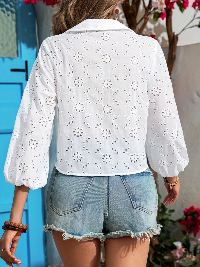 Women's Elegant Lace-Up Blouse with Turnover Collar & Three-Quarter Sleeves - Solid Color Fashion Top