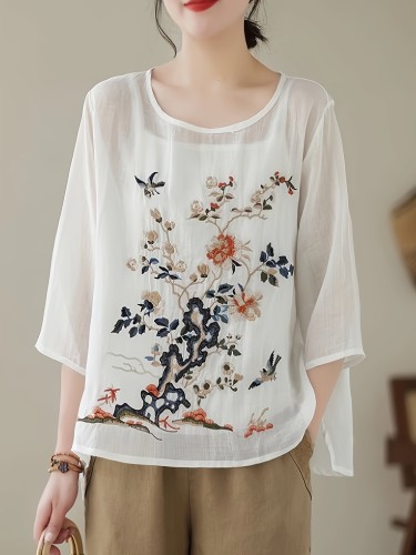 Women'S Artistic Heavy Embroidery Loose Shirt with Five-Quarter Sleeves And Round Neck, Doll Top Shirt
