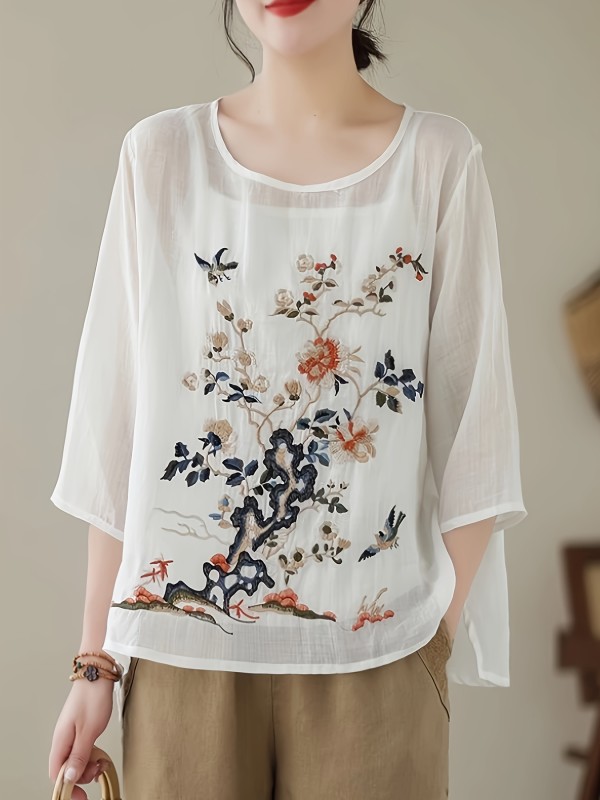 Women'S Artistic Heavy Embroidery Loose Shirt with Five-Quarter Sleeves And Round Neck, Doll Top Shirt