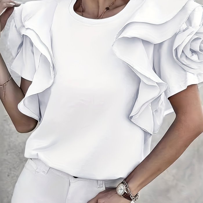 Loose Fit 3D Floral T-Shirt Comfortable Loose Fit 3D Floral Ruffle Sleeve T-Shirt