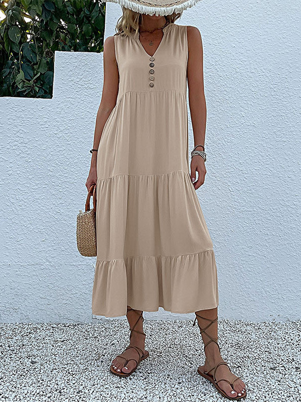 Split-Joint Pleated Sleeveless Loose V-Neck Midi Dresses