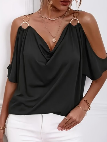 Solid Color Women T-Shirt Cold Shoulder Solid Color Draped Collar O-Ring Detail Women T-Shirt