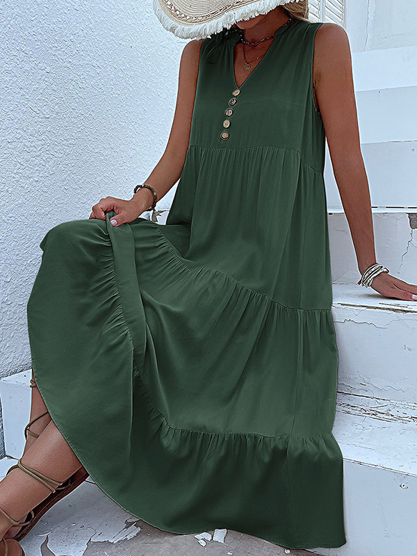 Split-Joint Pleated Sleeveless Loose V-Neck Midi Dresses