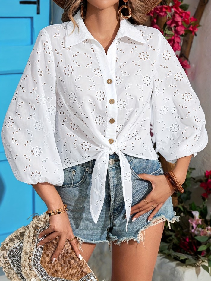 Women's Elegant Lace-Up Blouse with Turnover Collar & Three-Quarter Sleeves - Solid Color Fashion Top