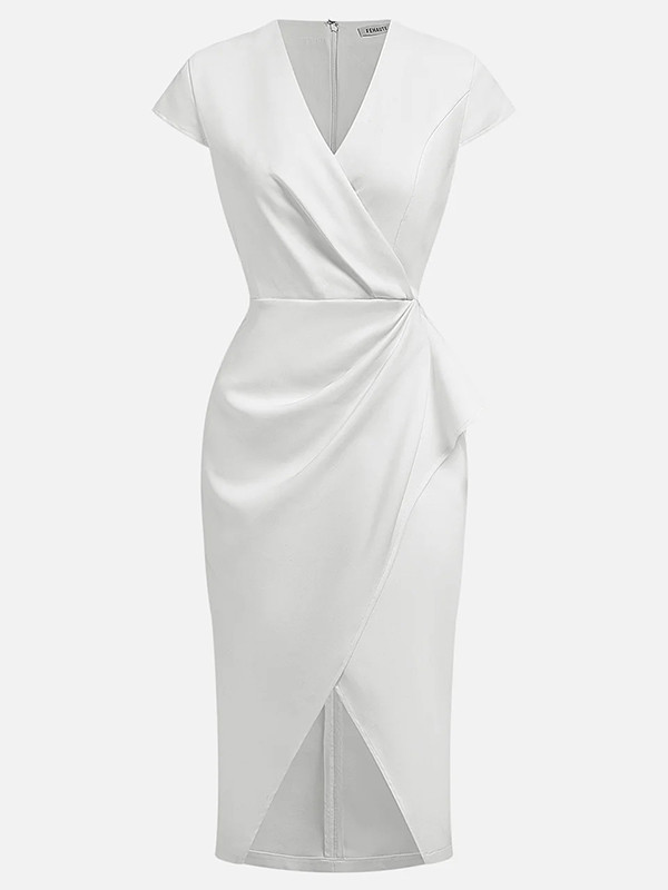 Split-Joint Solid Color Pleated Asymmetric Short Sleeves Loose V-Neck Midi Dresses