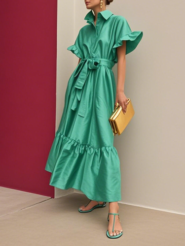 Tied Waist Split-Joint Solid Color Pleated Loose Flared Sleeves Lapel Shirt Dress Maxi Dresses