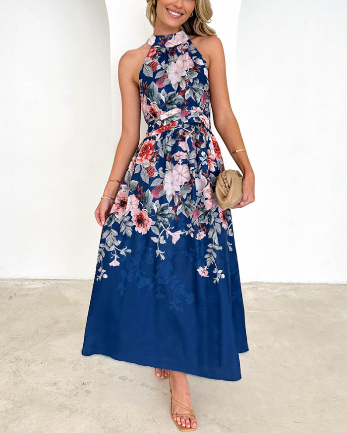 Halter neck printed waist slimming dress