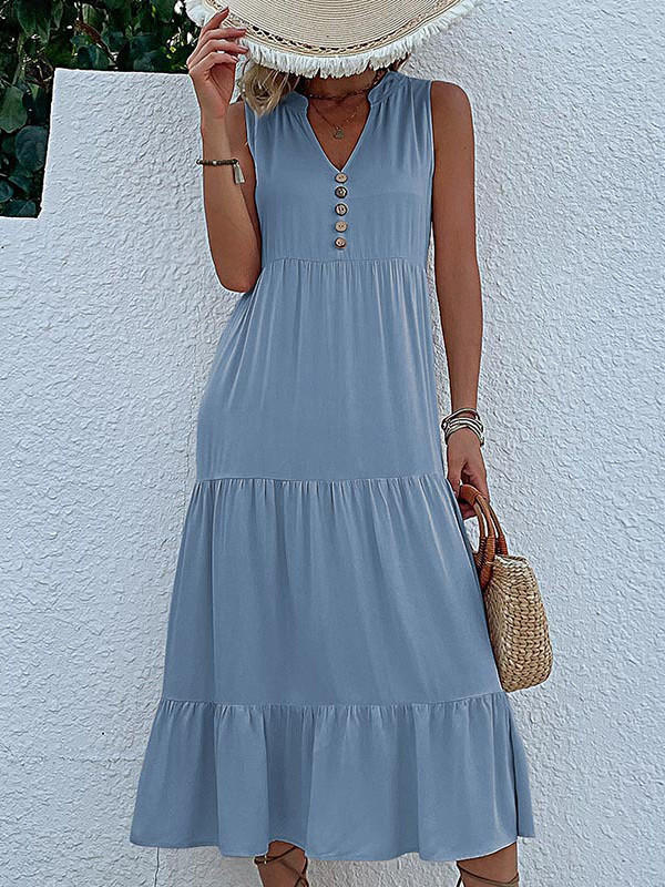 Split-Joint Pleated Sleeveless Loose V-Neck Midi Dresses