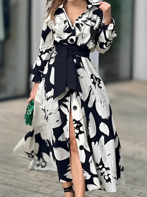 Tied Waist Flower Print Contrast Color Buttoned Loose Long Sleeves Lapel Shirt Dress Midi Dresses