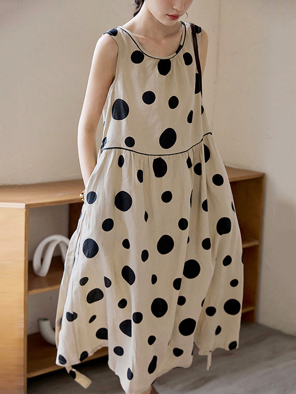 Tied Waist Split-Joint Polka-Dot Pleated Contrast Color Sleeveless Loose Round-Neck Midi Dresses