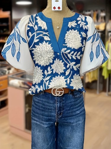 Women's Vintage Blue Floral Print Puff Sleeve Shirt Top - V-Neck Loose Fit Short Sleeve Blouse