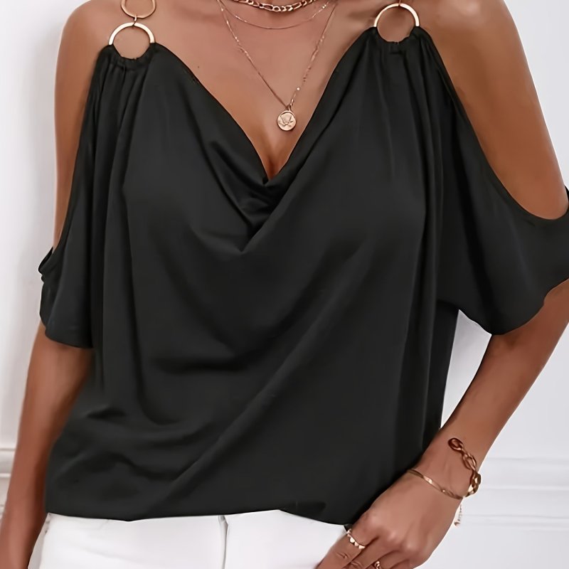 Solid Color Women T-Shirt Cold Shoulder Solid Color Draped Collar O-Ring Detail Women T-Shirt