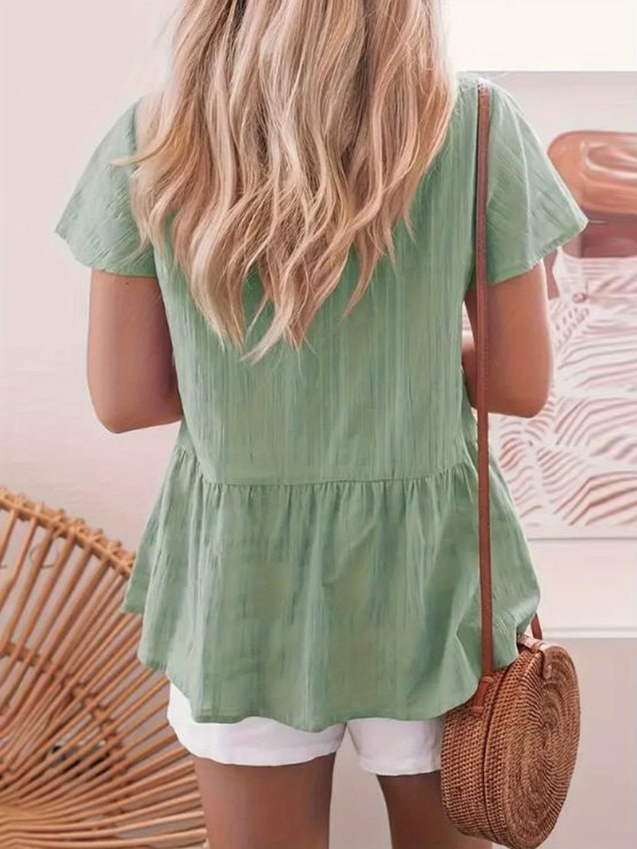 Women's Casual Short Sleeve V-Neck T-Shirt - Loose Fit Summer Top with Stylish Button- Collar, Solid Color, Machine Washable & All-Season Comfort, Ladies T Shirts