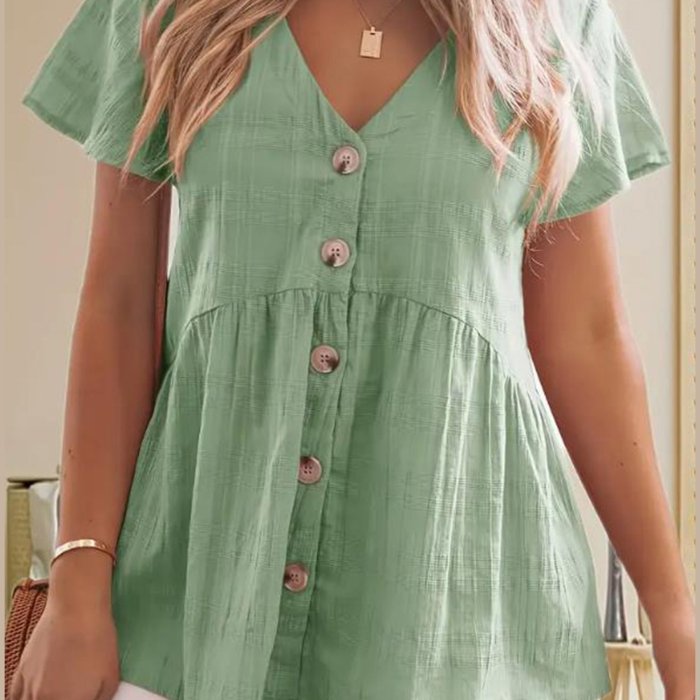 Women's Casual Short Sleeve V-Neck T-Shirt - Loose Fit Summer Top with Stylish Button- Collar, Solid Color, Machine Washable & All-Season Comfort, Ladies T Shirts